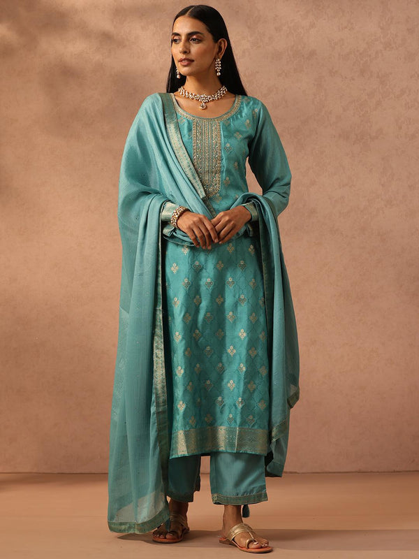 Sea Green Self Design Silk Blend Straight Suit Set With Trousers - Jashvi