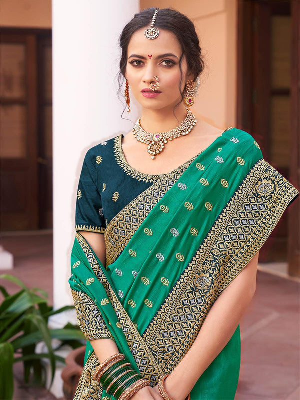 Women's Sea Green Silk Blend Saree - Odette