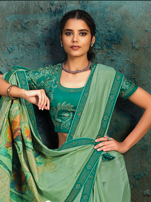 Women's Sea Green Silk Georgette Designer Saree With Blouse - Odette