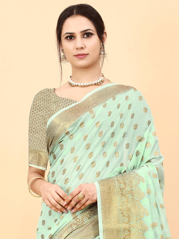 Women's Sea Green Soft Cotton Slub Heavy Jari Wevon Designer Saree - Odette