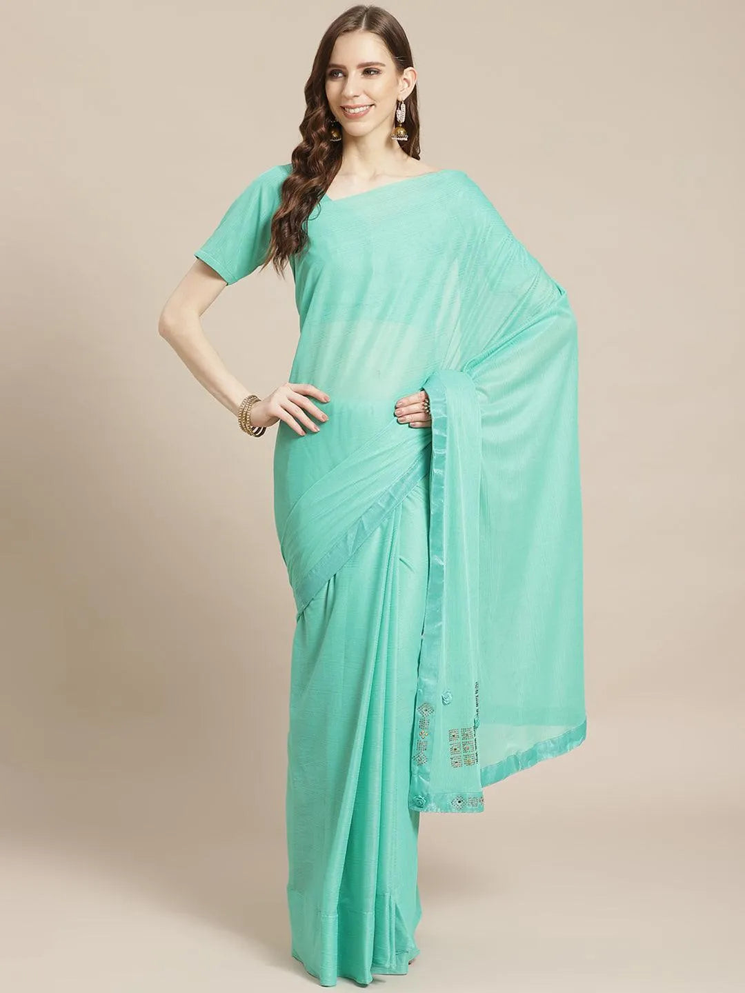 Sea Green Solid Polyester Saree - Jashvi