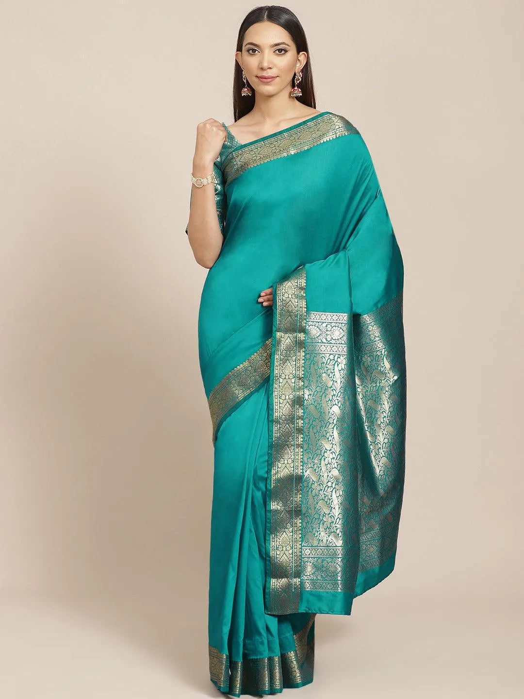 Sea Green Solid Silk Blend Saree - Jashvi