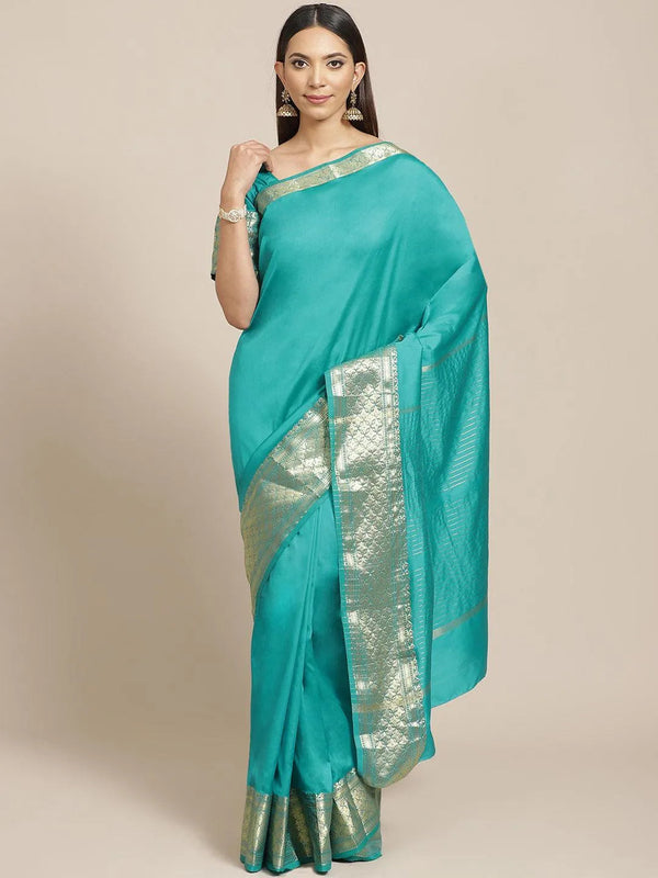 Sea Green Solid Silk Blend Saree - Jashvi