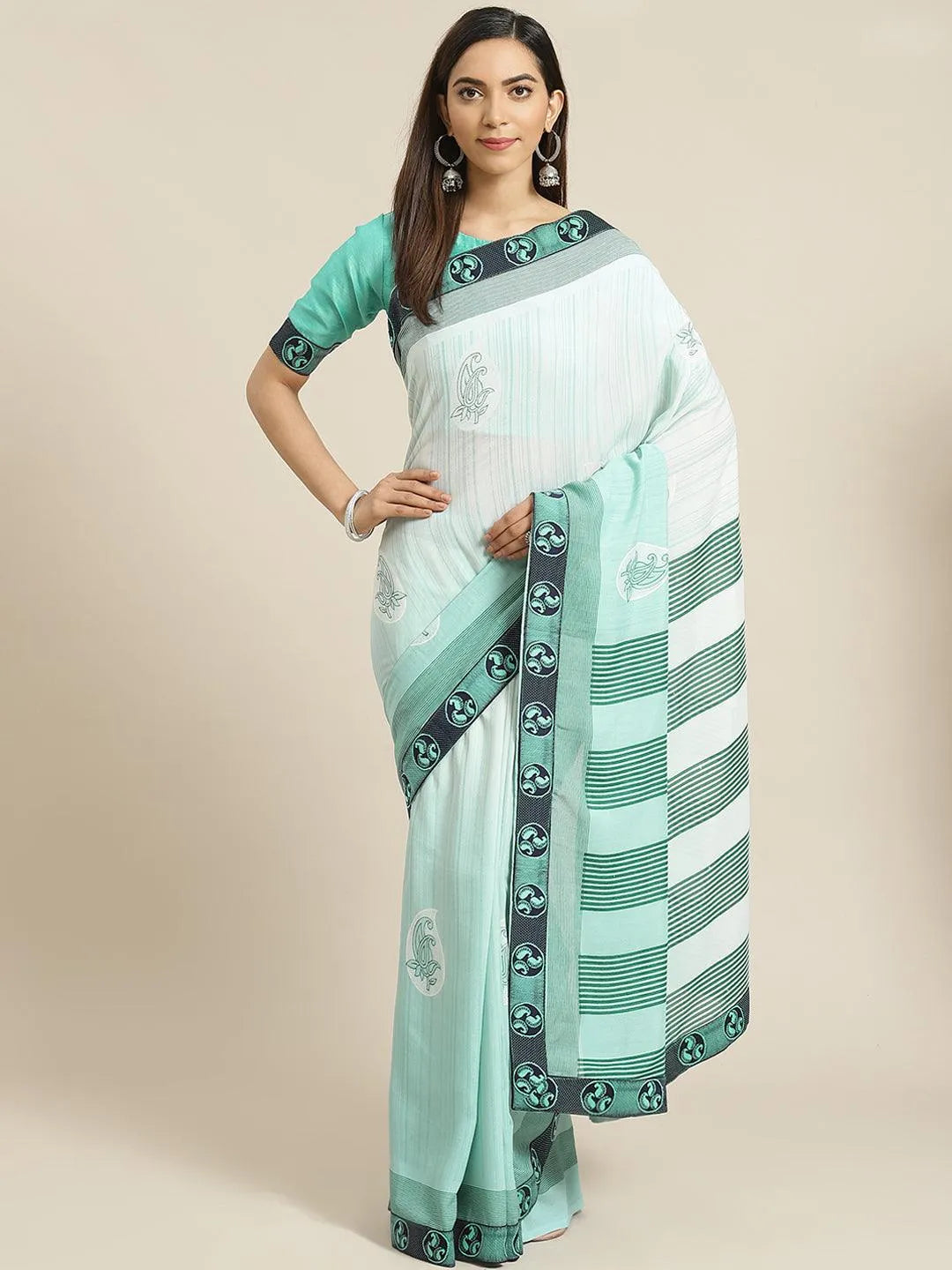 Sea Green Striped Chiffon Saree - Jashvi