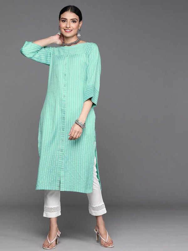 Sea Green Striped Cotton Kurta - Jashvi