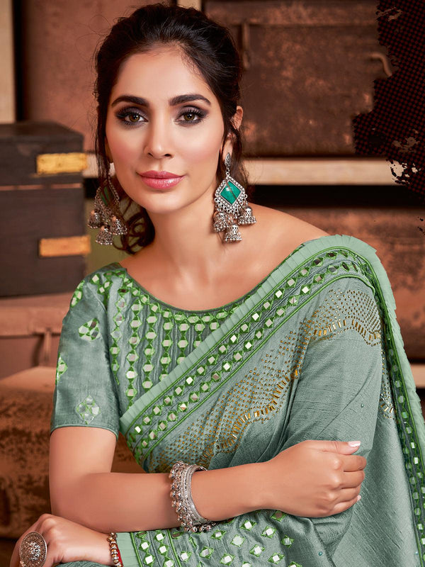 Women's Sea Green Tusser Silk Designer Saree With Blouse - Odette