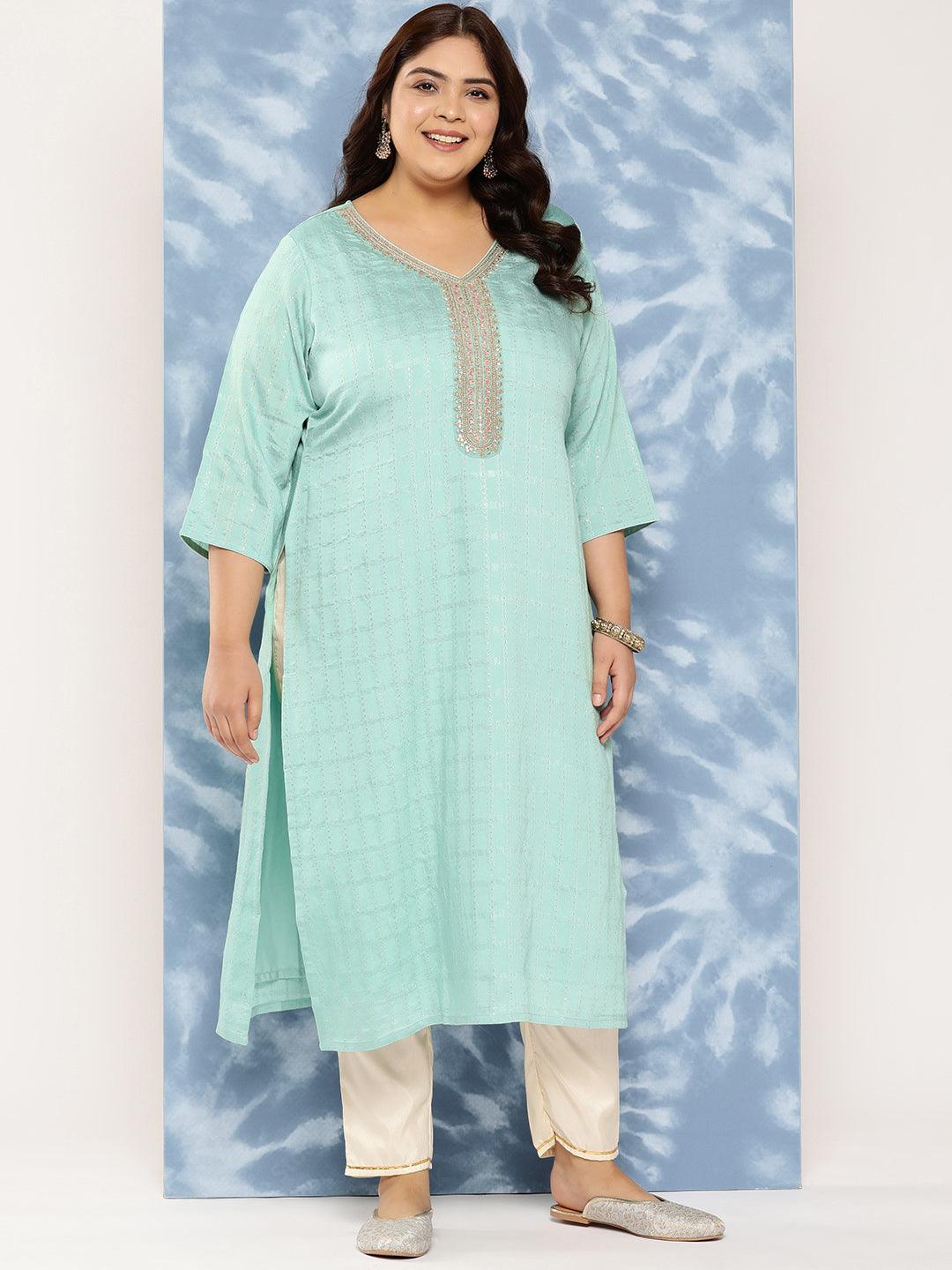 Sea Green Woven Design Rayon Straight Kurta - Jashvi