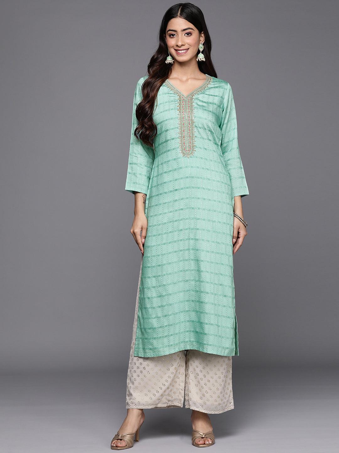 Sea Green Woven Design Rayon Straight Kurta - Jashvi