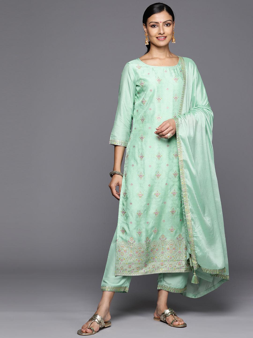 Sea Green Woven Design Silk Blend Straight Kurta With Trousers & Dupatta - Jashvi