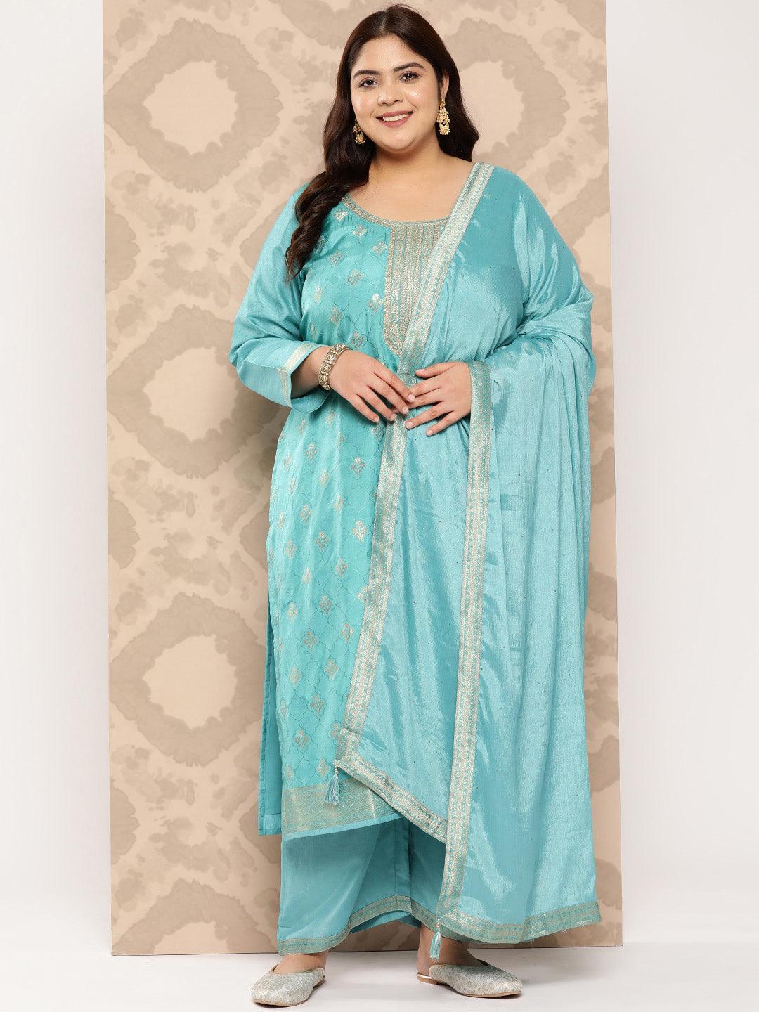 Sea Green Woven Design Silk Blend Straight Kurta With Trousers and Dupatta - Jashvi