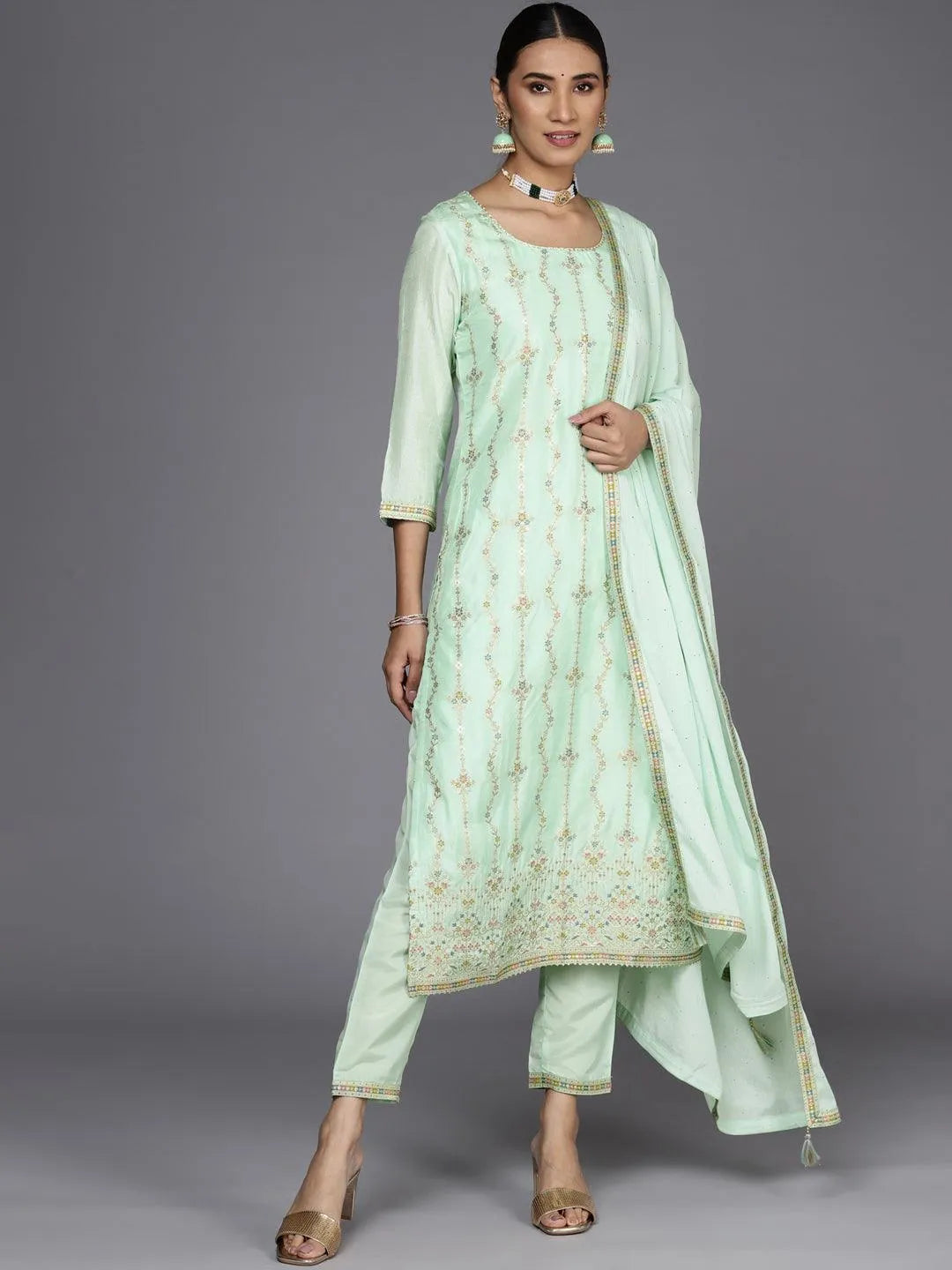 Sea Green Woven Design Silk Suit Set - Jashvi