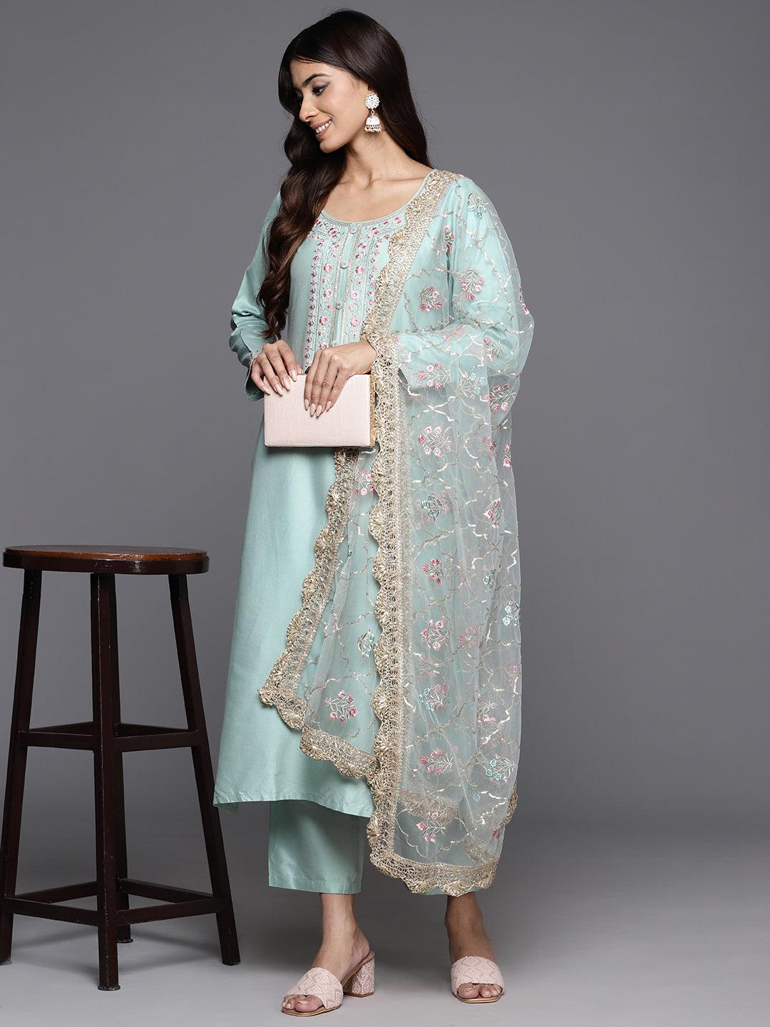 Sea Green Yoke Design Silk Blend Straight Kurta With Trousers & Dupatta - Jashvi