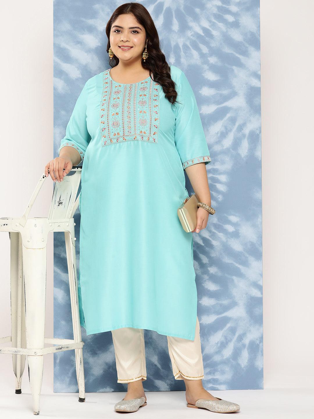 Sea Green Yoke Design Silk Straight Kurta - Jashvi