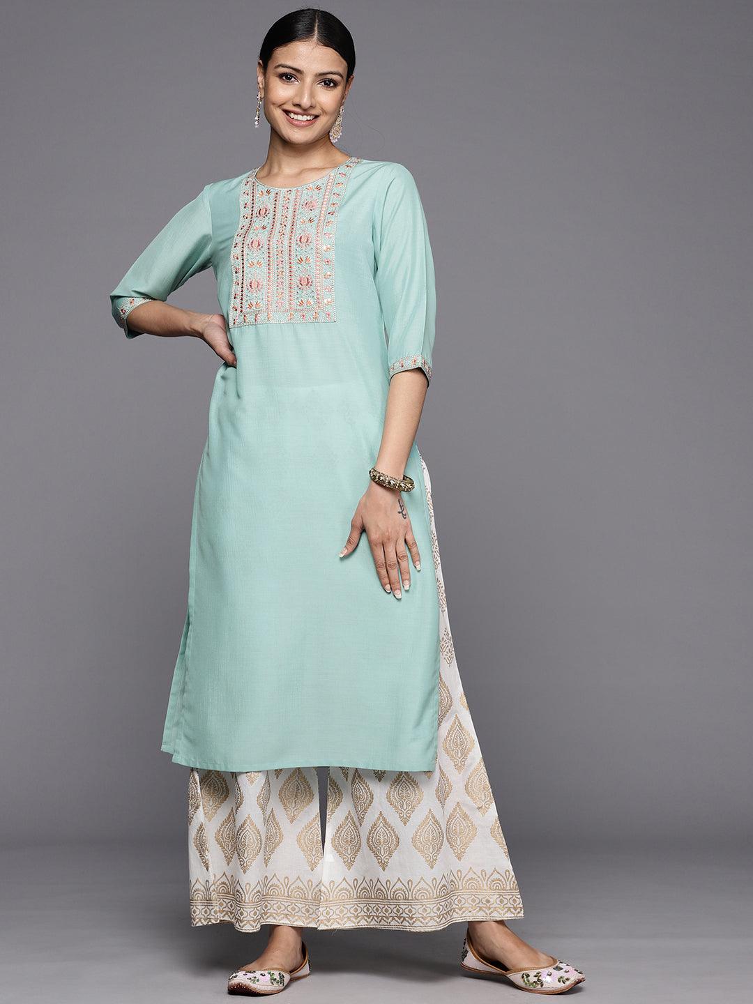 Sea Green Printed Silk Straight Kurta - Jashvi