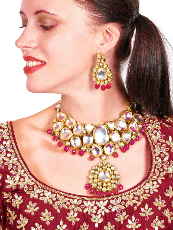 Women's Semi-Precious Kundan And Red Mani Necklace Set - Odette