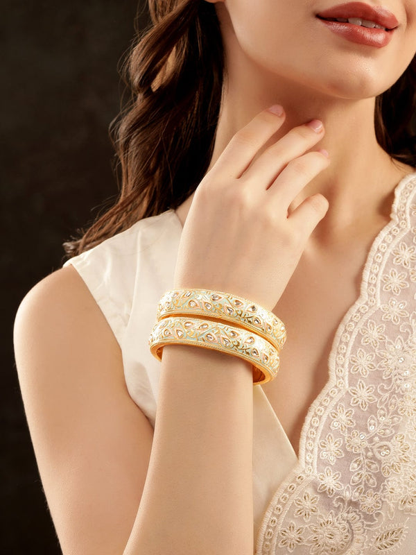 "Set of 2, 22K Gold plated Pastel enamel & Kundan studded Statement bangles  " Bangles & Bracelets