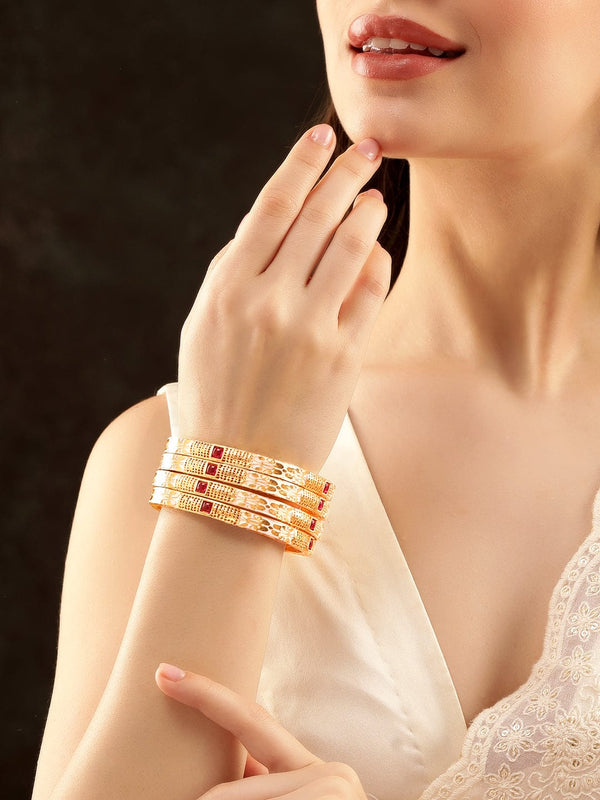 Set of 4, 22K Gold plated Pink Enamel Kemp stone studded Traditional bangles Bangles & Bracelets