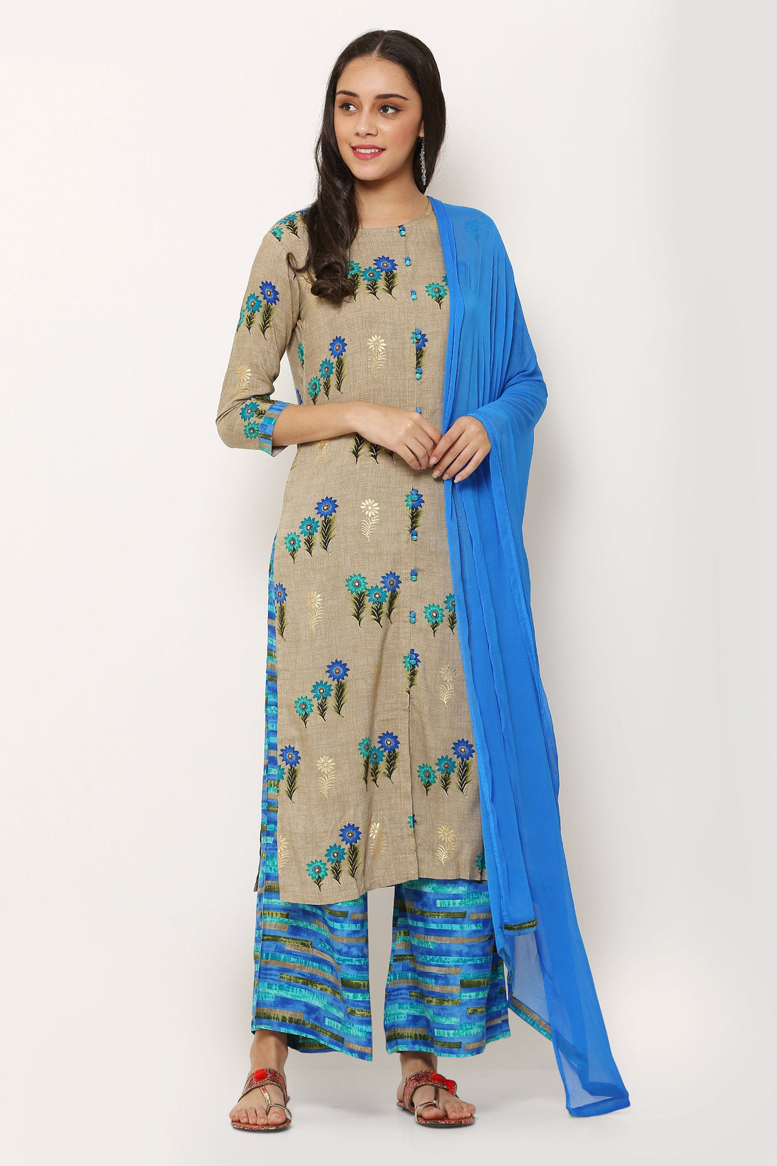 Women's Blue Color Rayon Blend Floral Foil Printed Kurta Palazzo Set With Dupatta  - Vaaba