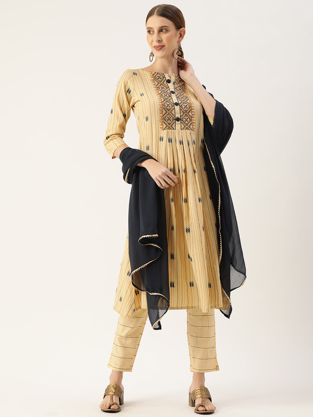 Women's Yellow Cotton Silk Embroidered A-Line Kurta Pants Set With Dupatta - Vaaba