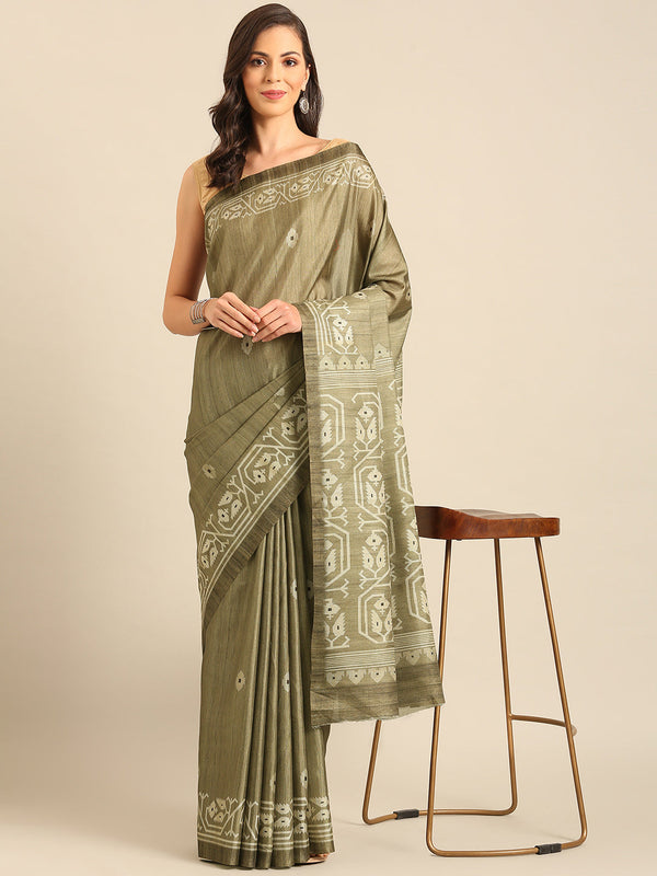 Women's Olive Green Cotton Saree With Un Stitched Blouse - Aanika