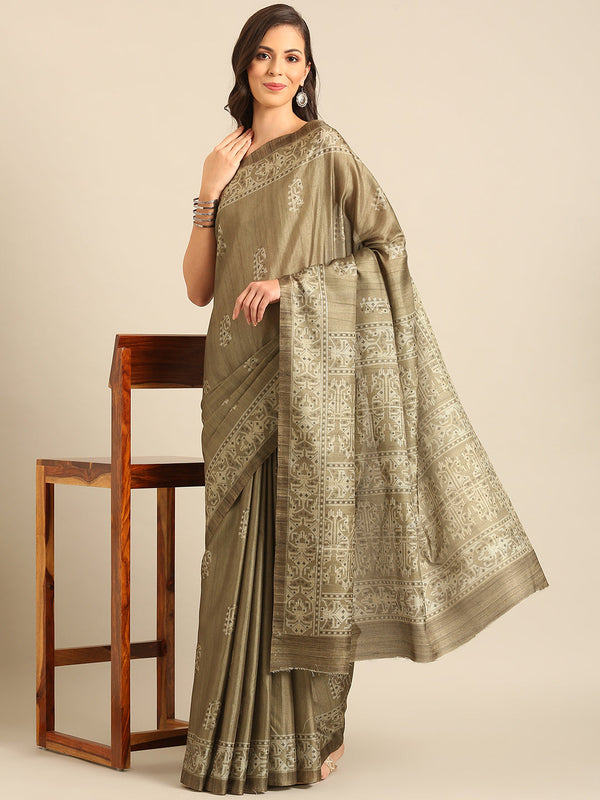 Women's Olive Green Cotton Saree With Un Stitched Blouse - Aanika