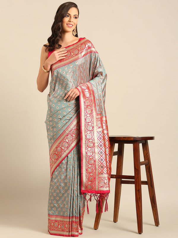 Women's Sea Green Banarasi Silk Saree With Un Stitched Blouse - Aanika