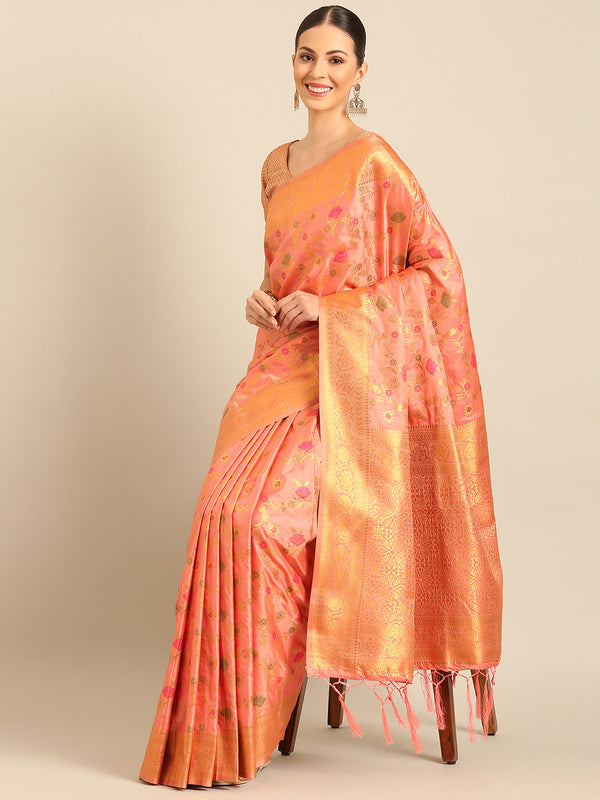 Women's Pink Banarasi Silk Saree With Un Stitched Blouse - Aanika