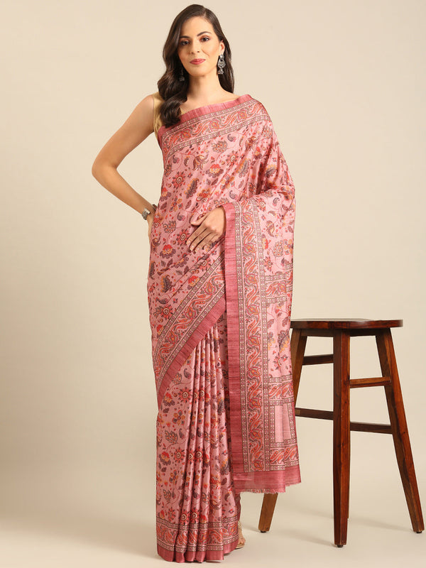 Women's Pink Cotton Saree With Un Stitched Blouse - Aanika