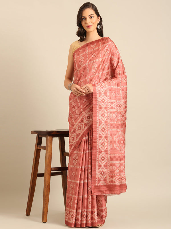 Women's Peach Cotton Saree With Un Stitched Blouse - Aanika