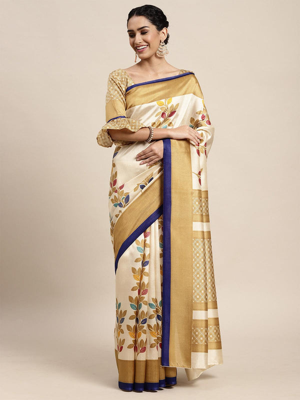 Women's Silk Blend Beige Printed Saree With Blouse Piece - Odette