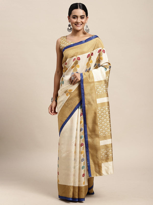 Women's Silk Blend Beige Printed Saree With Blouse Piece - Odette