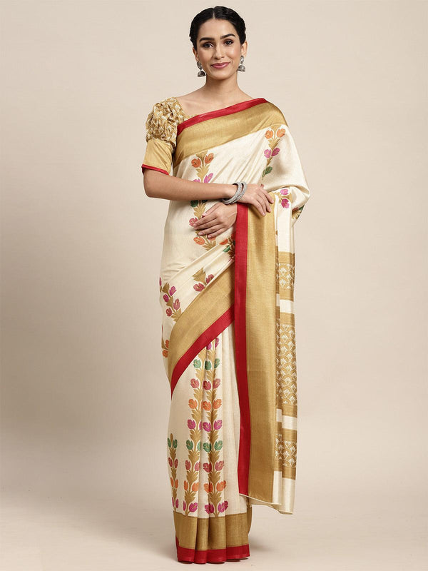 Women's Silk Blend Beige Printed Saree With Blouse Piece - Odette