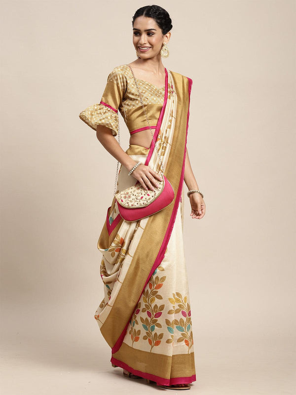 Women's Silk Blend Beige Printed Saree With Blouse Piece - Odette