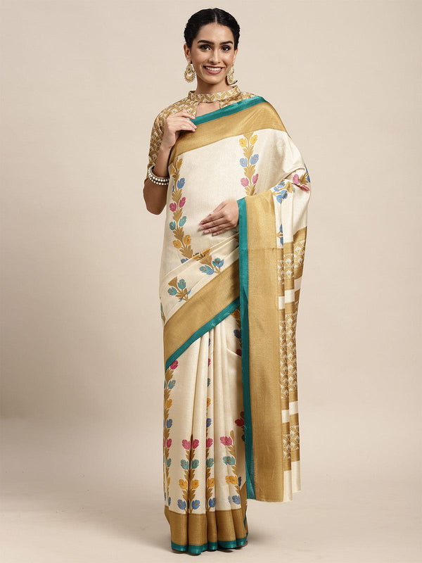 Women's Silk Blend Beige Printed Saree With Blouse Piece - Odette