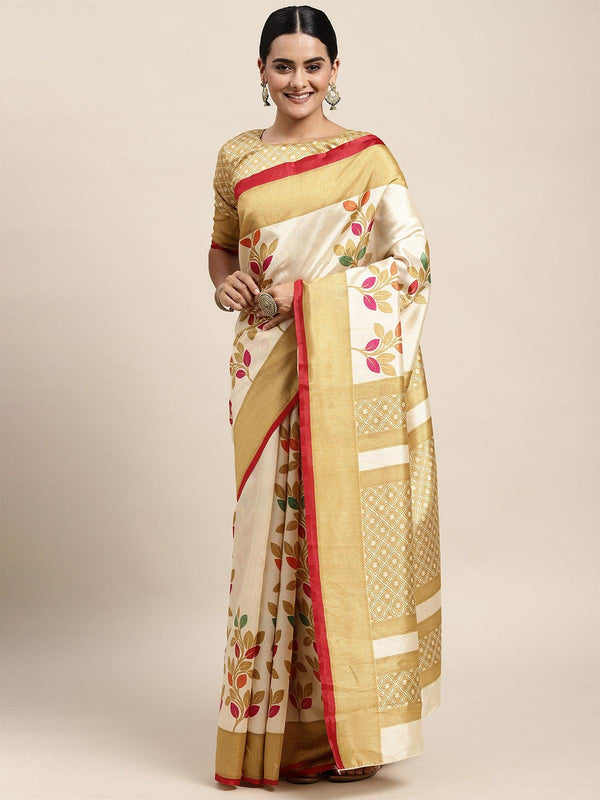 Women's Silk Blend Beige Printed Saree With Blouse Piece - Odette