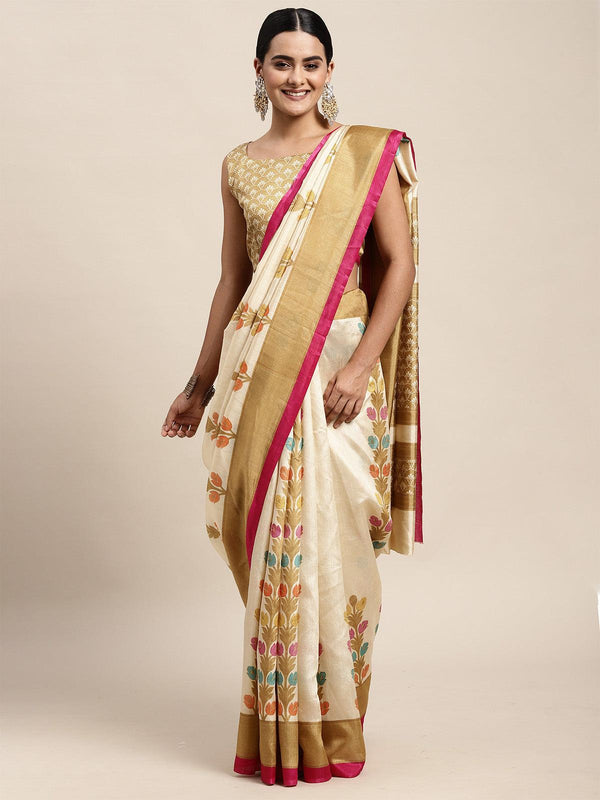 Women's Silk Blend Beige Printed Saree With Blouse Piece - Odette