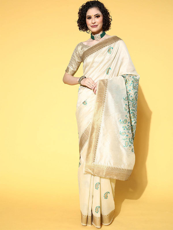 Women's Silk Blend Beige Woven Design Saree With Blouse Piece - Odette