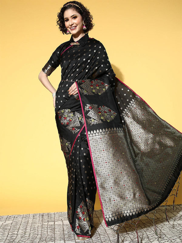 Women's Silk Blend Black Woven Design Saree With Blouse Piece - Odette