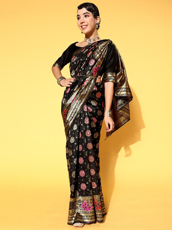 Women's Silk Blend Black Woven Design Saree With Blouse Piece - Odette