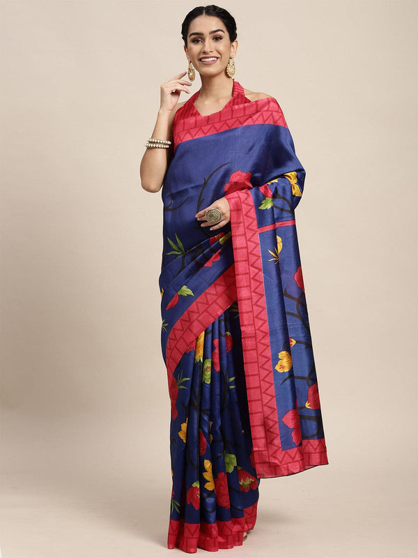 Women's Silk Blend Blue Printed Saree With Blouse Piece - Odette