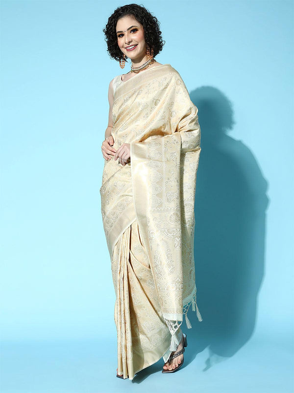 Women's Silk Blend Cream Woven Design Saree With Blouse Piece - Odette