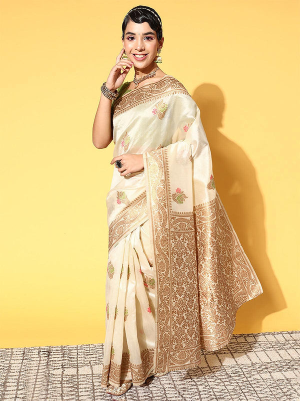 Women's Silk Blend Cream Woven Design Saree With Blouse Piece - Odette