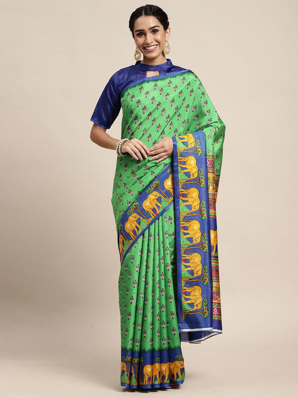 Women's Silk Blend Green Printed Saree With Blouse Piece - Odette