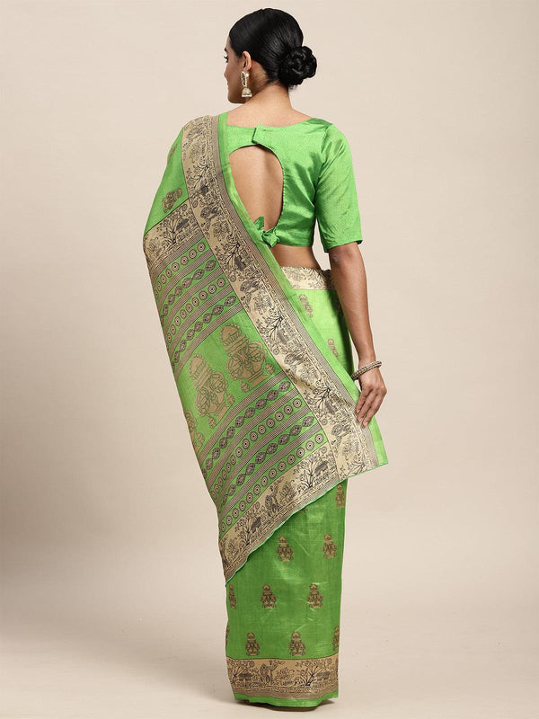 Women's Silk Blend Green Printed Saree With Blouse Piece - Odette