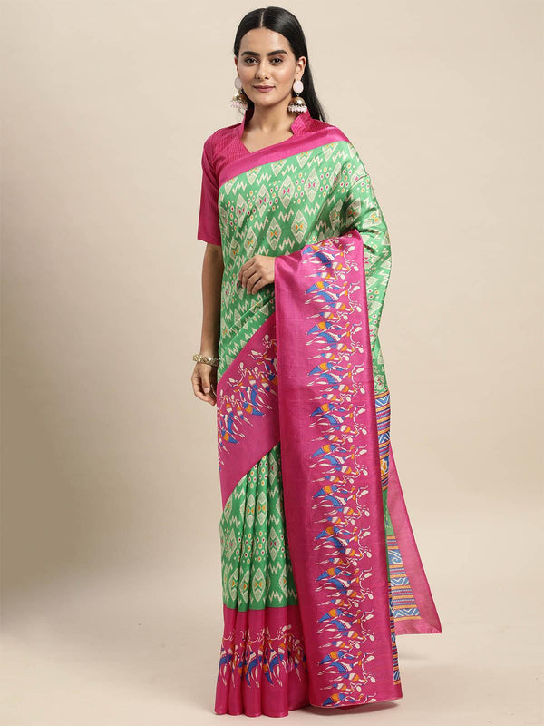 Women's Silk Blend Green Printed Saree With Blouse Piece - Odette