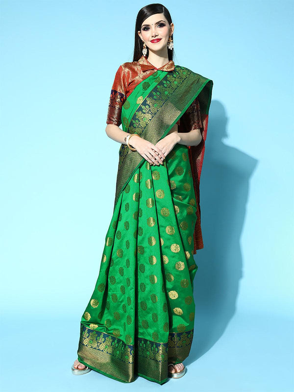 Women's Silk Blend Green Woven Design Saree With Blouse Piece - Odette