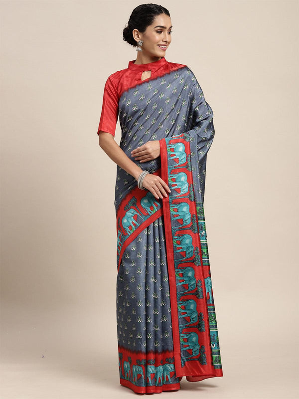 Women's Silk Blend Grey Printed Saree With Blouse Piece - Odette