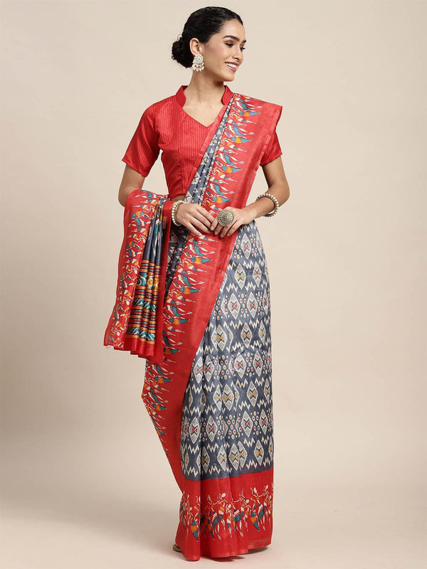 Women's Silk Blend Grey Printed Saree With Blouse Piece - Odette