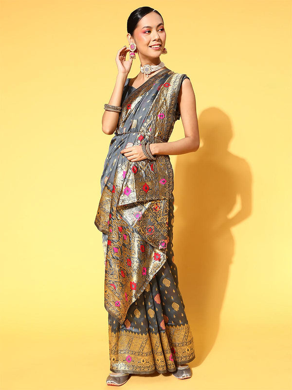 Women's Silk Blend Grey Woven Design Saree With Blouse Piece - Odette