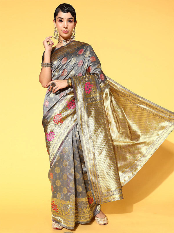 Women's Silk Blend Grey Woven Design Saree With Blouse Piece - Odette